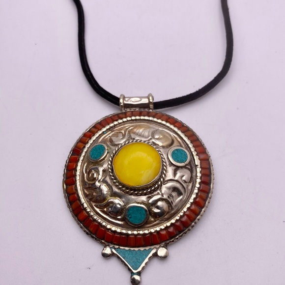 Tibetan Silver Coral  Turquoise Necklace 9” Extender 3” Pendant 2” Made in Tibet - Picture 2 of 4